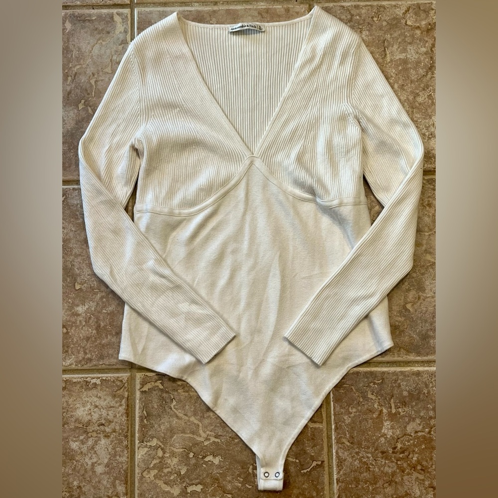 Abercrombie & Fitch Cream V-Neck Long Sleeve Ribbed Bodysuit
